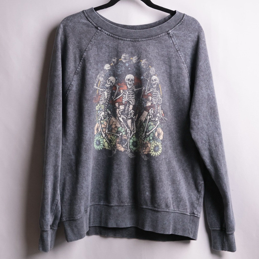 Mighty Fine Gray Acid Wash Skeleton Floral Celestial Sweatshirt L Grunge Punk